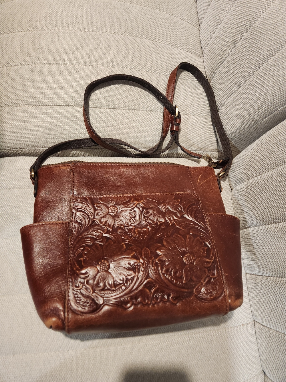 Patricia Nash Brown Tooled Floral Leather Crossbody